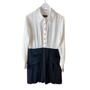 J.Crew Colorblock Pleated Mini Dress Black White Gold Button BM974 Size 12 HO22